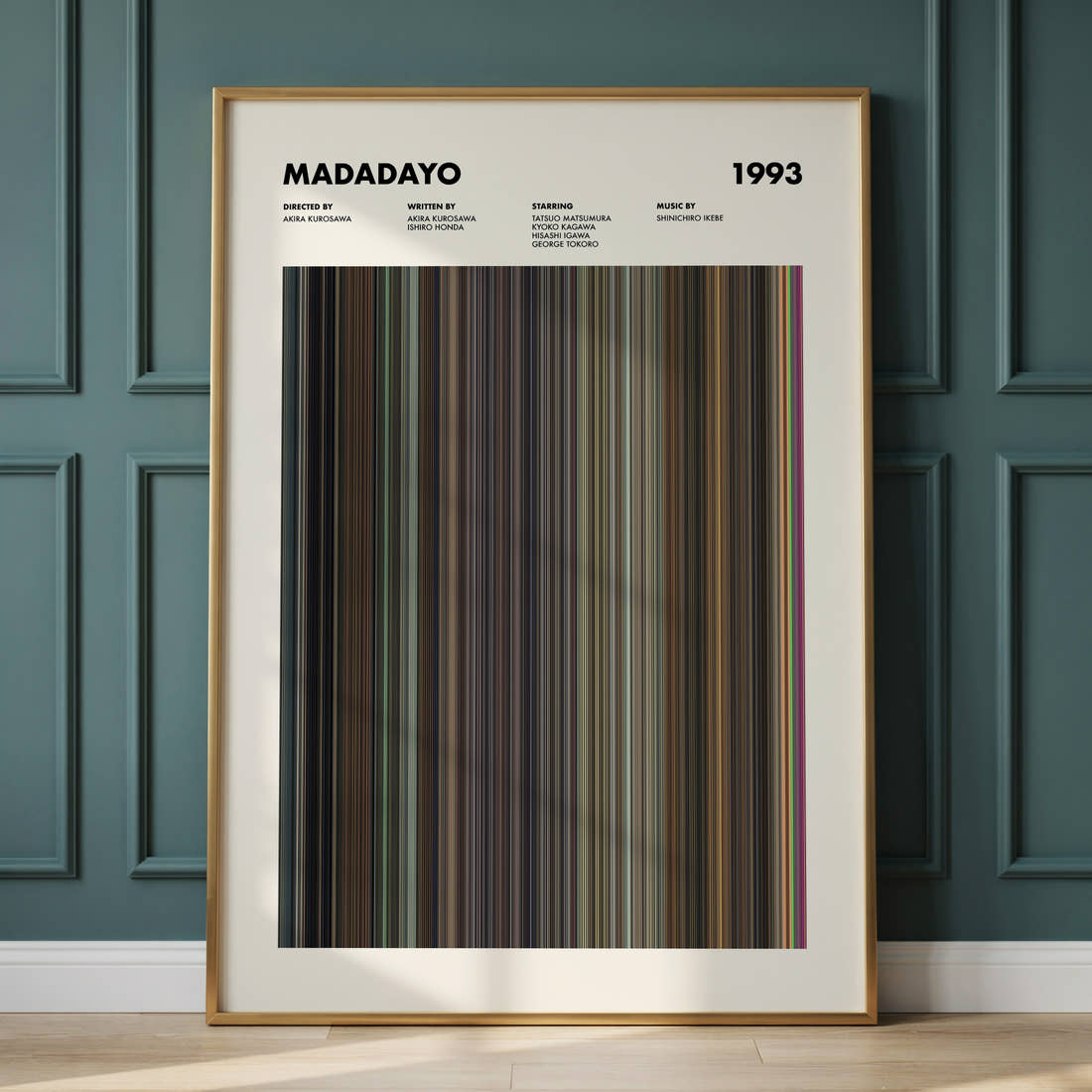 Madadayo Movie Barcode Poster framed and leaning against a panelled wall