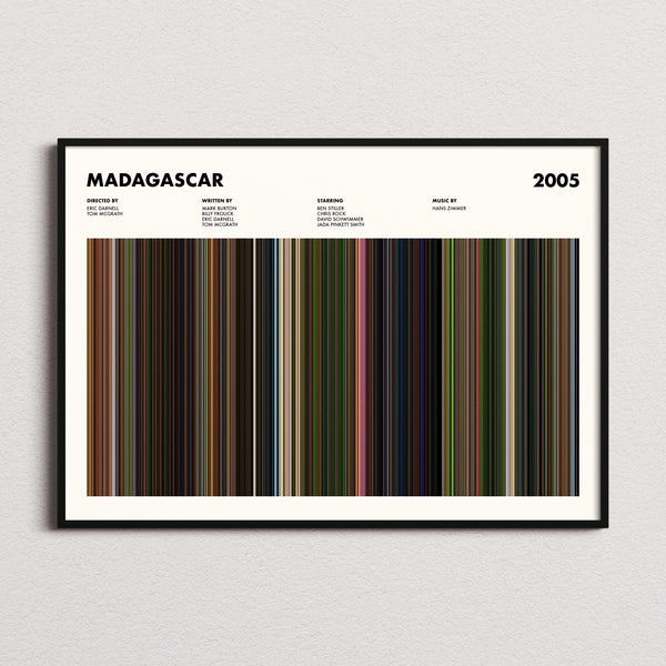 Madagascar Movie Barcode Poster framed and photographed straight on