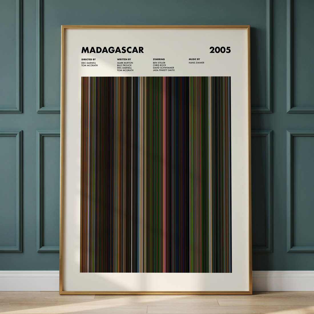 Madagascar Movie Barcode Poster framed and leaning against a panelled wall