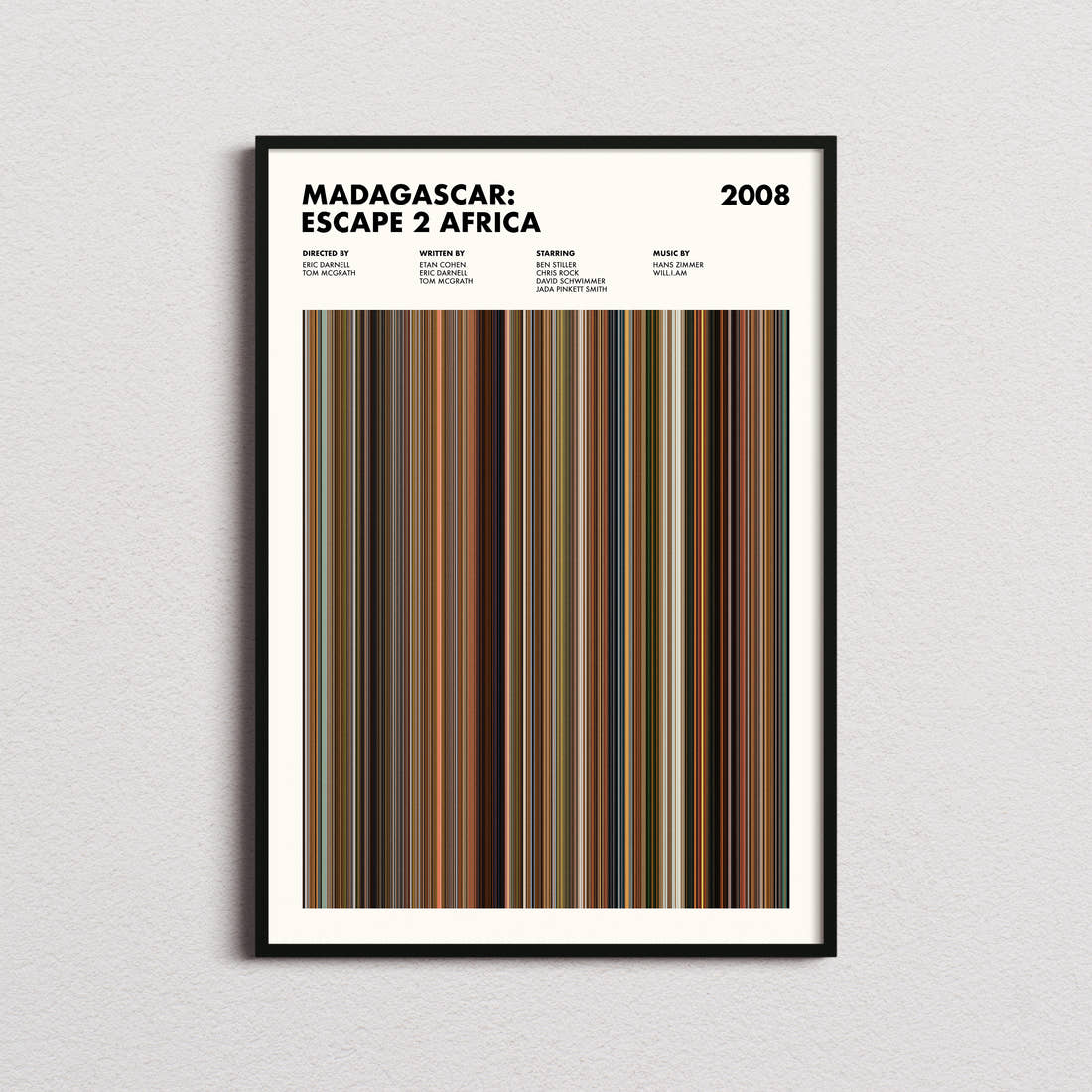 Madagascar: Escape 2 Africa Movie Barcode Poster framed on a plain studio wall