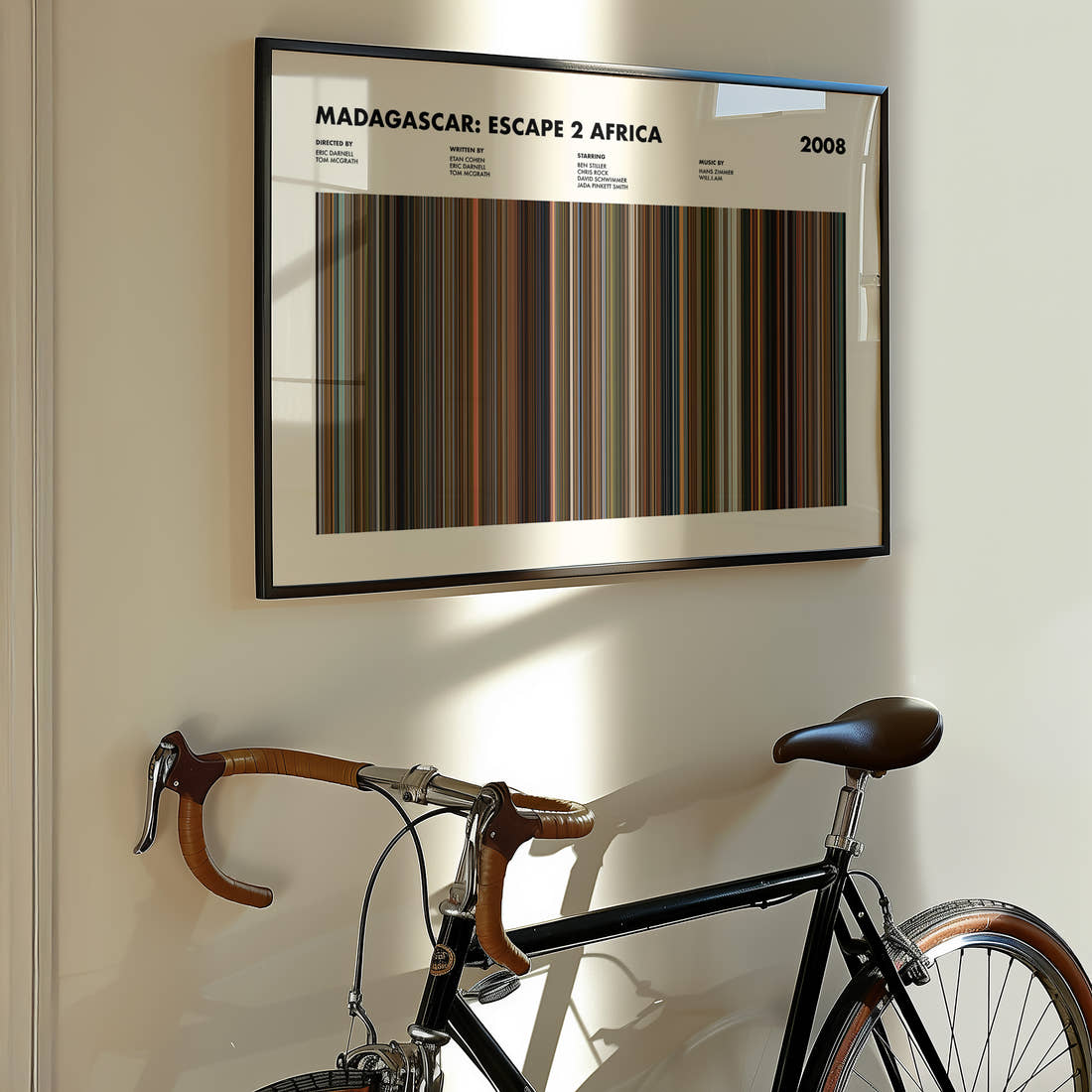 Madagascar: Escape 2 Africa Movie Barcode Poster framed on the wall of a styled room setting