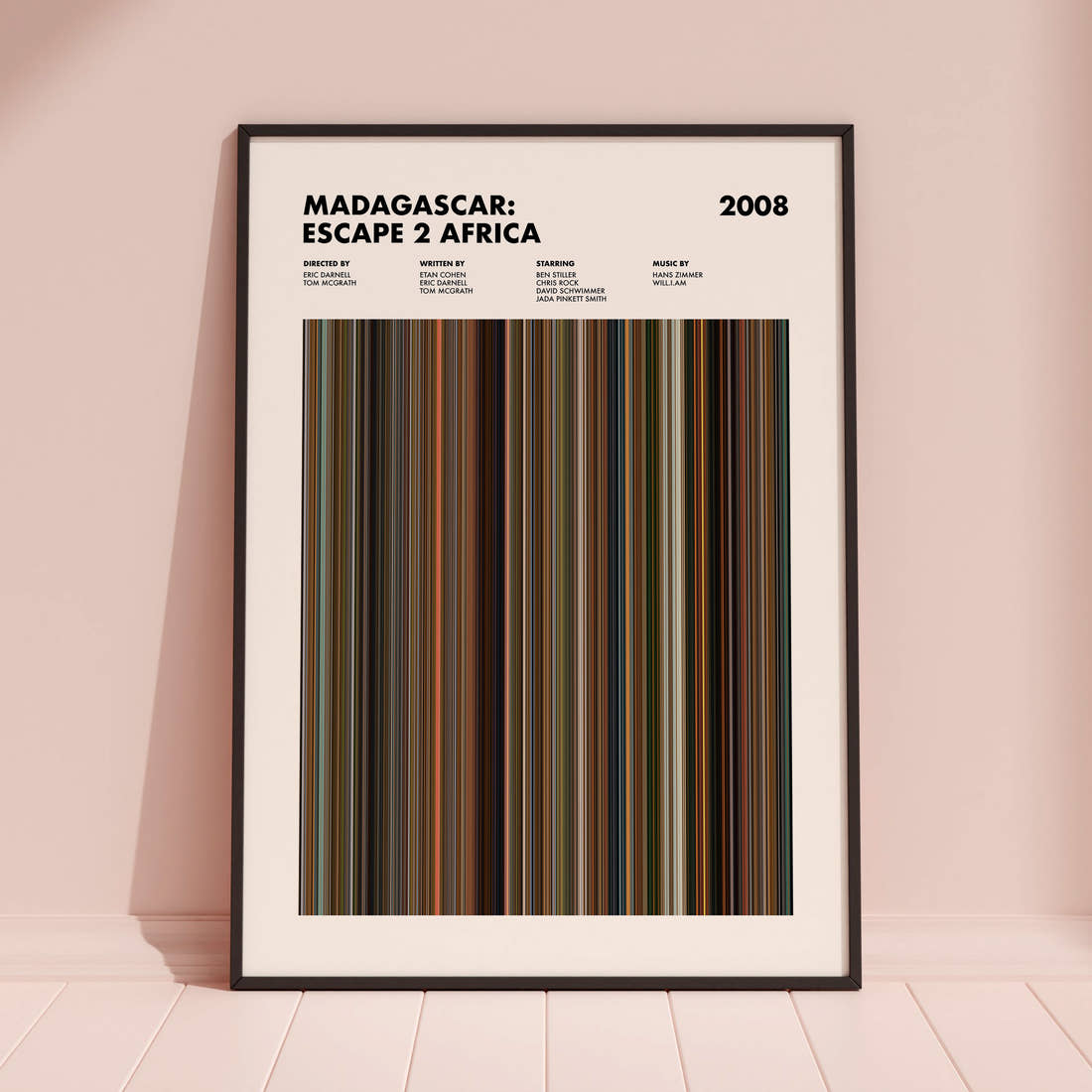 Madagascar: Escape 2 Africa Movie Barcode Poster framed and leaning against a coloured wall