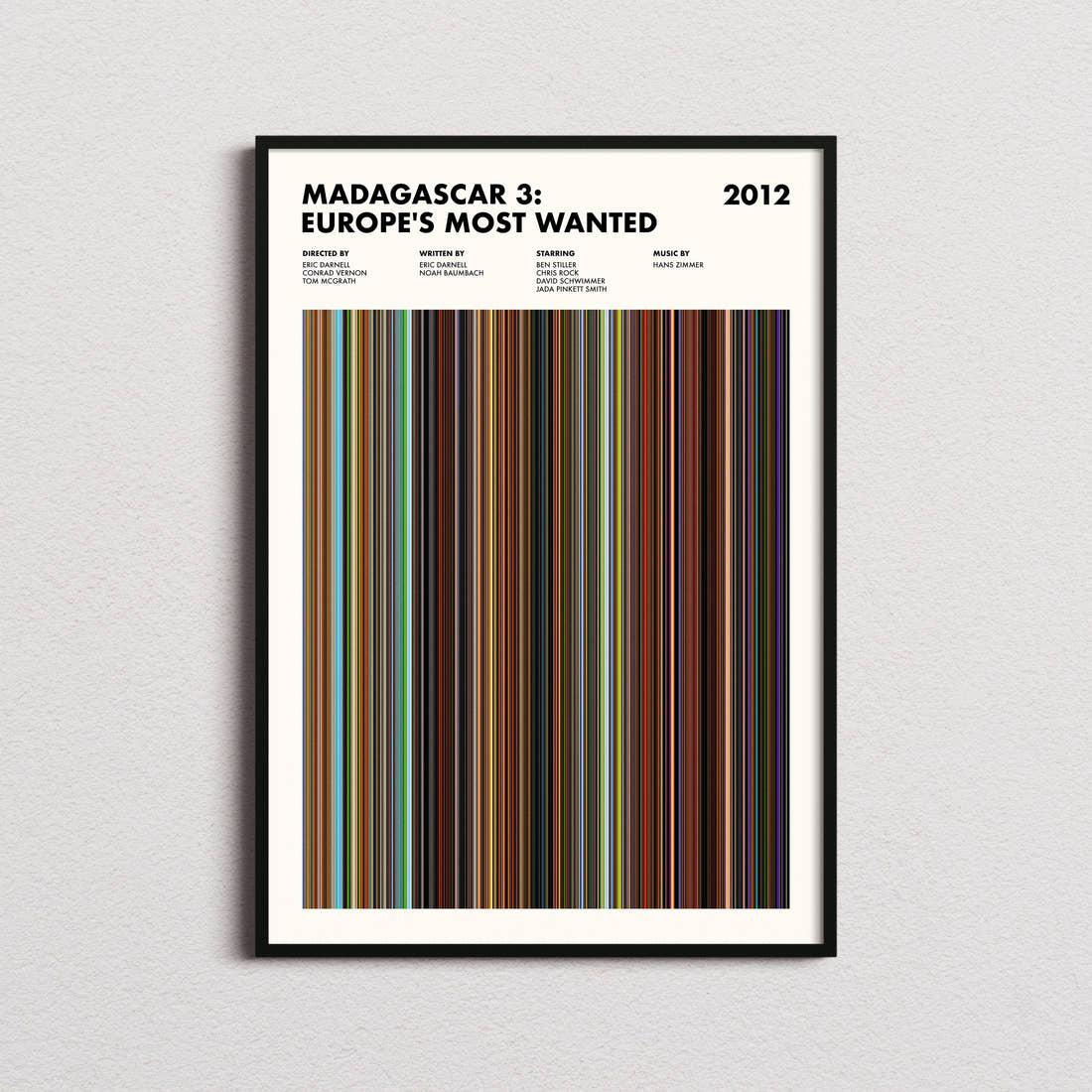 Madagascar 3: Europe's Most Wanted Movie Barcode Poster framed on a plain studio wall