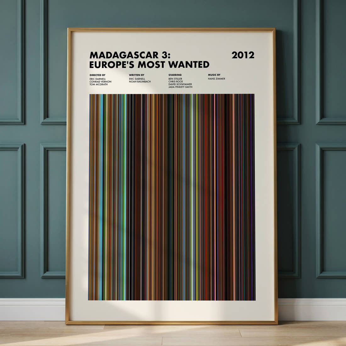 Madagascar 3: Europe's Most Wanted Movie Barcode Poster framed and leaning against a panelled wall