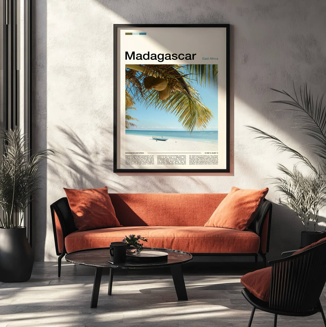 Madagascar Coconuts On Palm Tree Travel Print framed on the wall of a modern living room