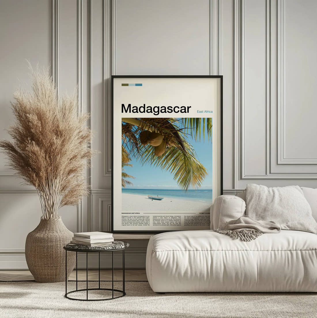 Madagascar Coconuts On Palm Tree Travel Print framed on the wall of a calm, neutral bedroom