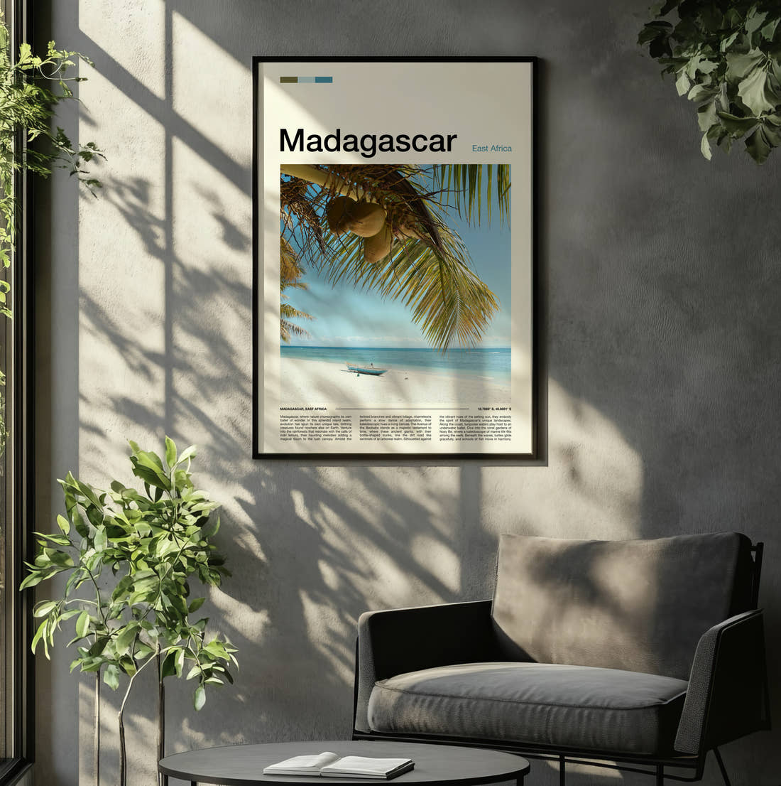 Madagascar Coconuts On Palm Tree Travel Print framed on the wall of a relaxed living room