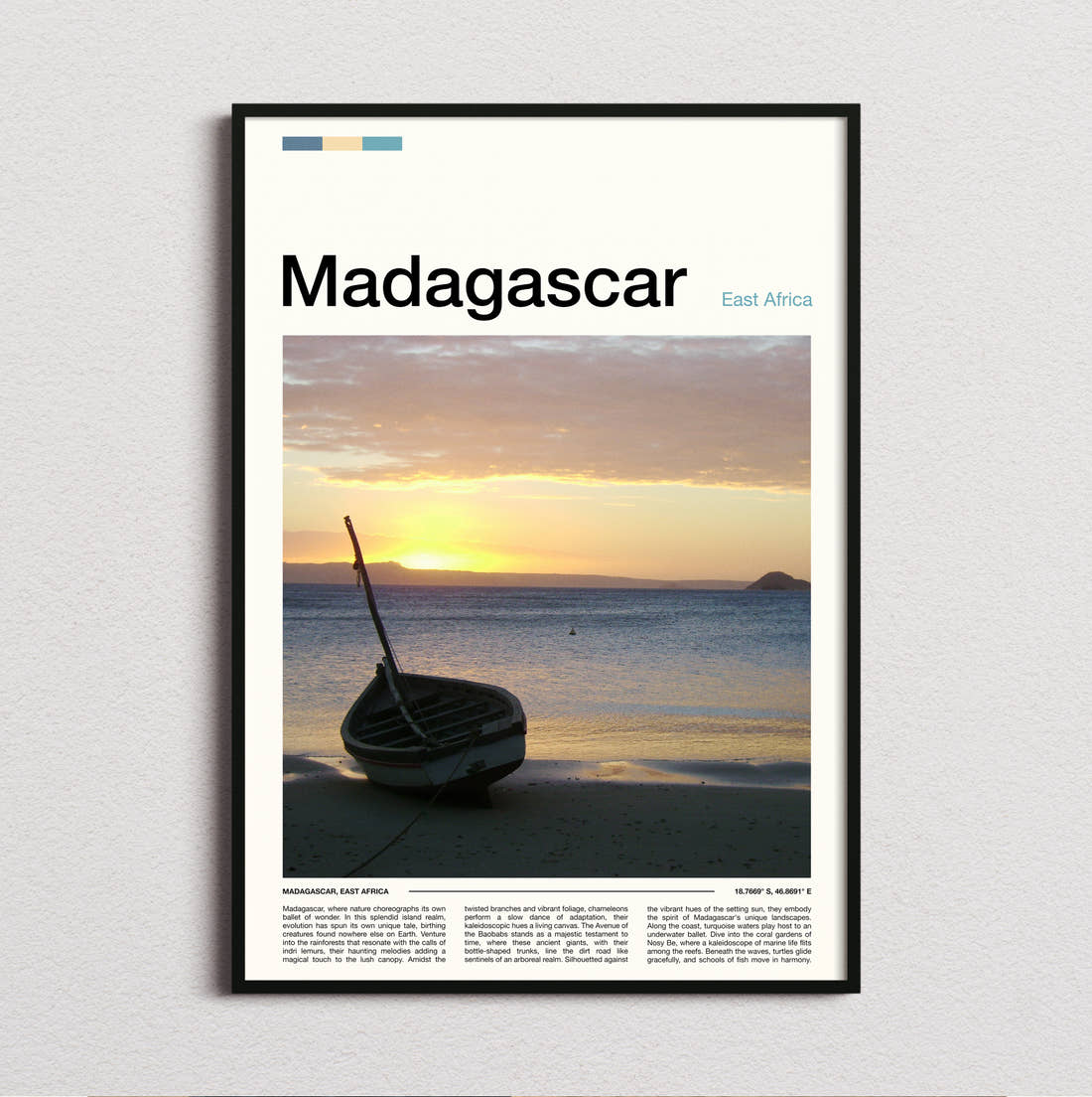 Madagascar Boat At Sunset Travel Print framed and photographed straight on