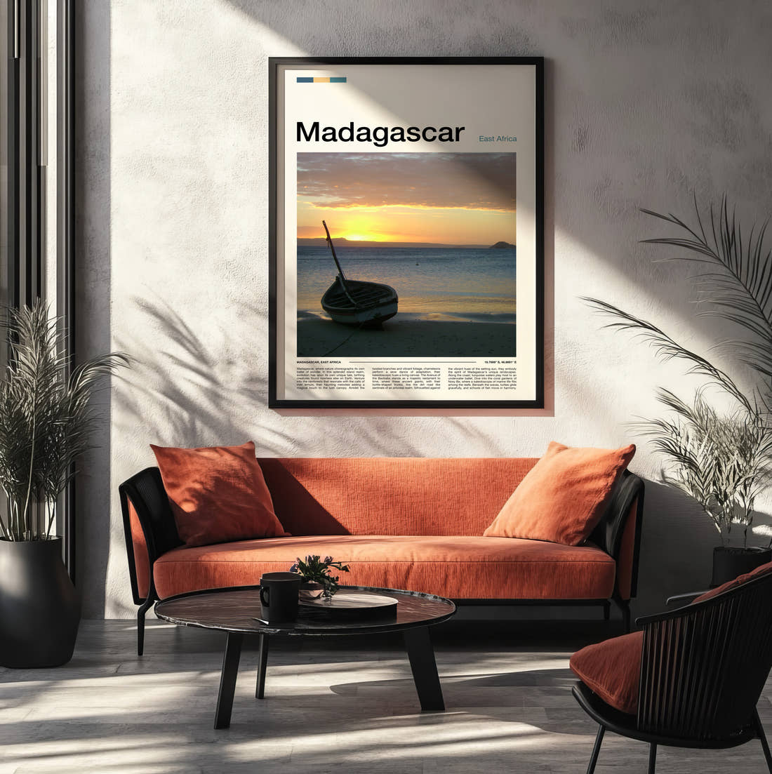 Madagascar Boat At Sunset Travel Print framed on the wall of a modern living room