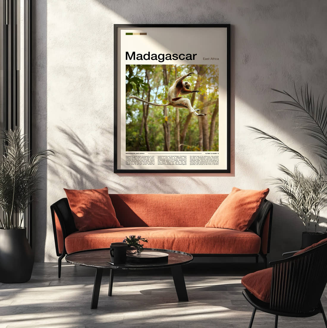 Madagascar Leaping Lemur Travel Print framed on the wall of a modern living room