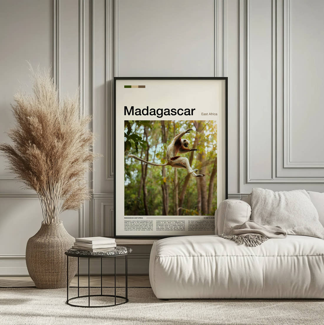 Madagascar Leaping Lemur Travel Print framed on the wall of a calm, neutral bedroom