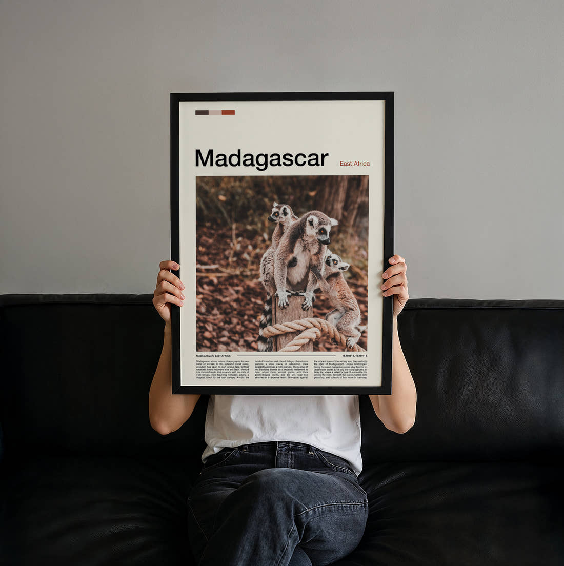 Madagascar Ring-Tailed Lemurs Travel Print held up by hand to show the size of the print