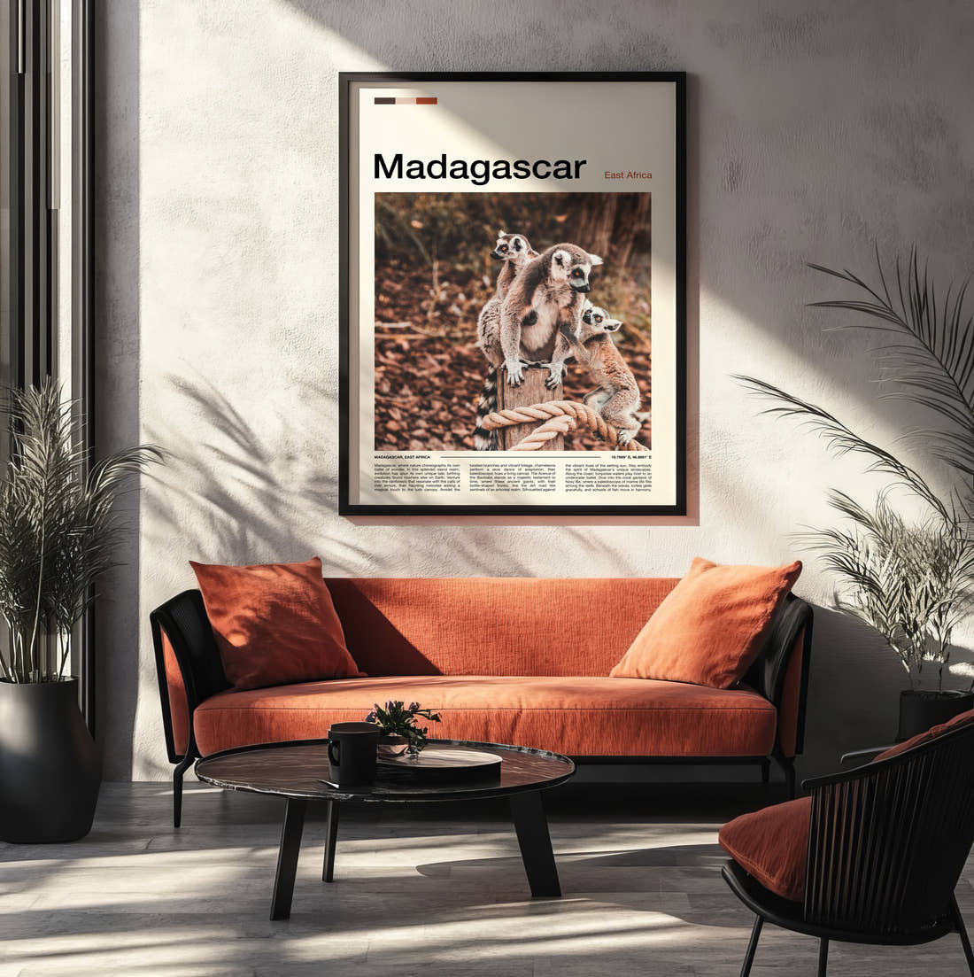 Madagascar Ring-Tailed Lemurs Travel Print framed on the wall of a modern living room