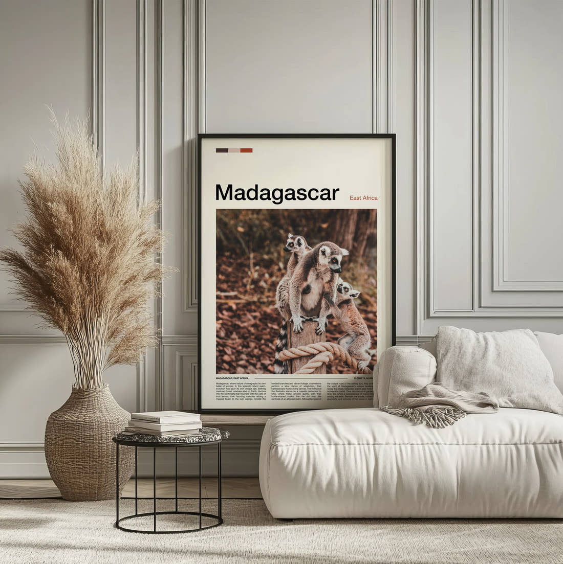 Madagascar Ring-Tailed Lemurs Travel Print framed on the wall of a calm, neutral bedroom