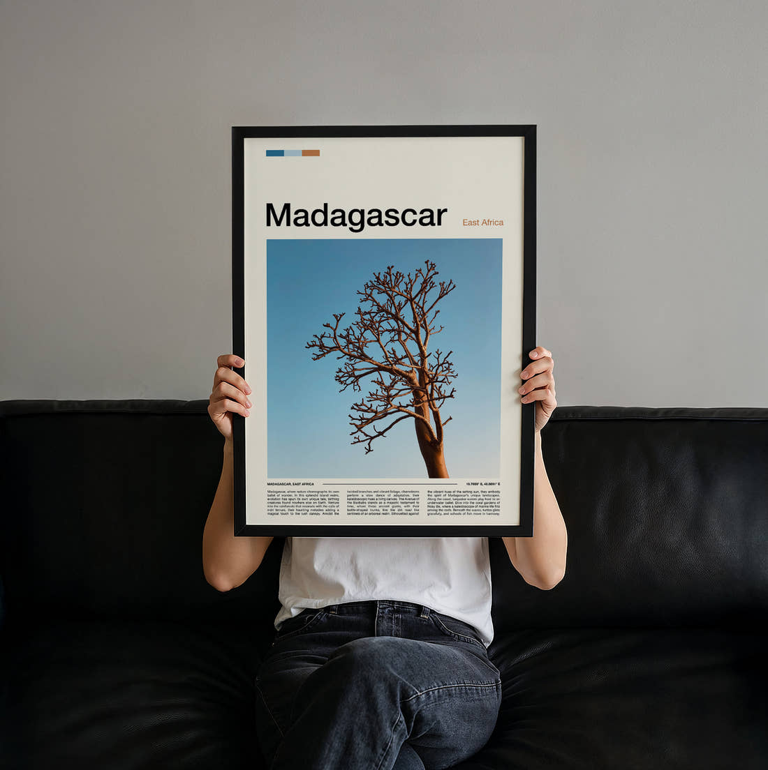 Madagascar Lone Bare Tree Travel Print held up by hand to show the size of the print