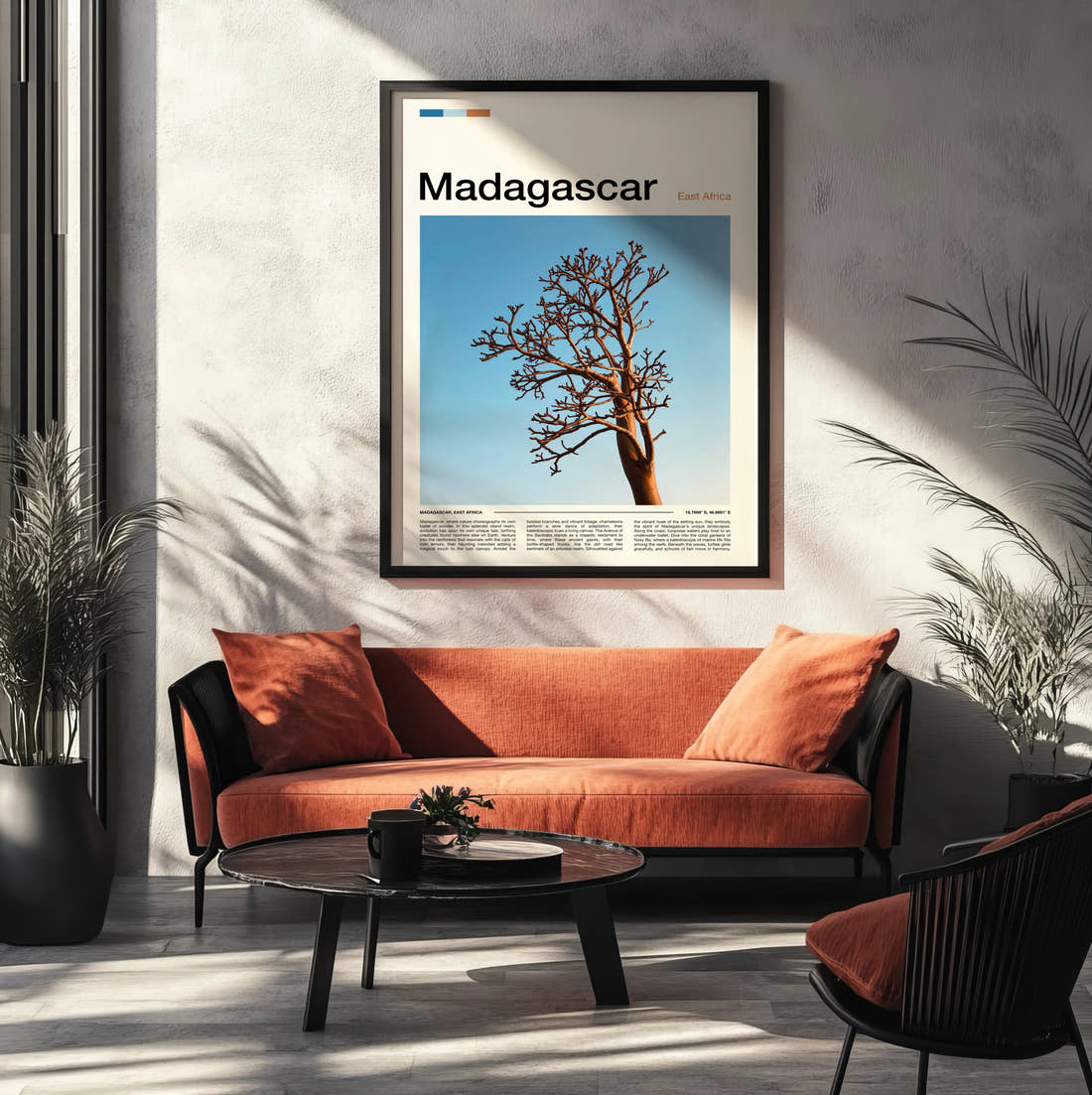 Madagascar Lone Bare Tree Travel Print framed on the wall of a modern living room