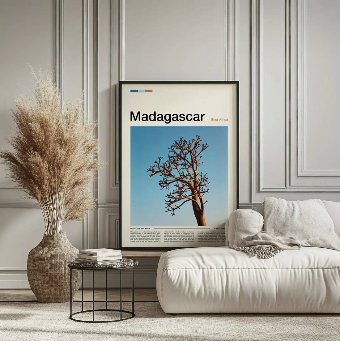 Madagascar Lone Bare Tree Travel Print framed on the wall of a calm, neutral bedroom