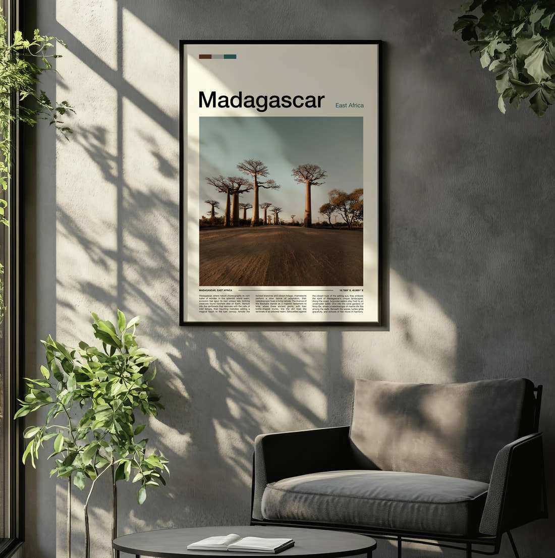Madagascar Avenue Of The Baobabs Travel Print framed on the wall of a relaxed living room