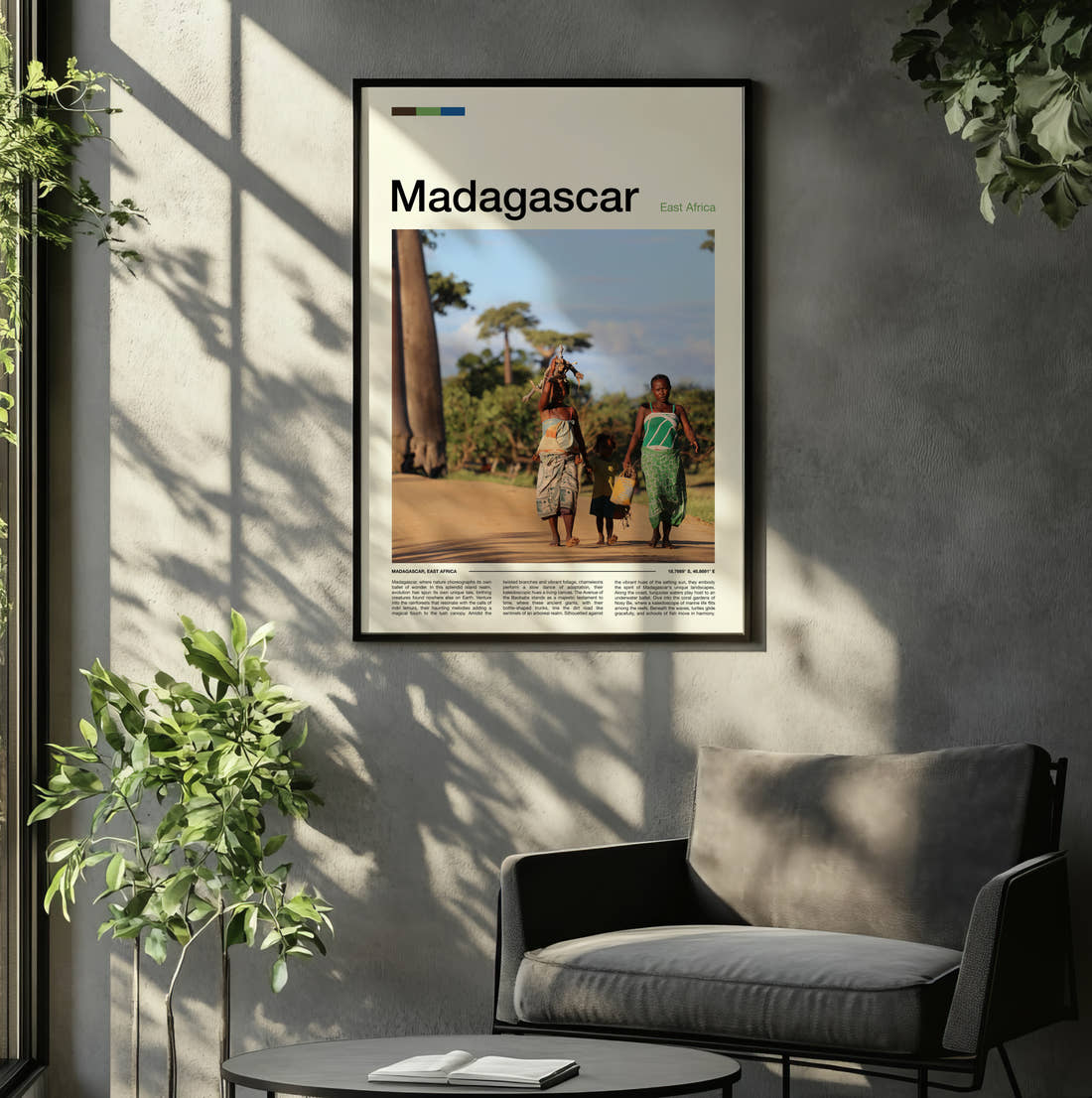 Madagascar People Walking By Baobabs Travel Print framed on the wall of a relaxed living room