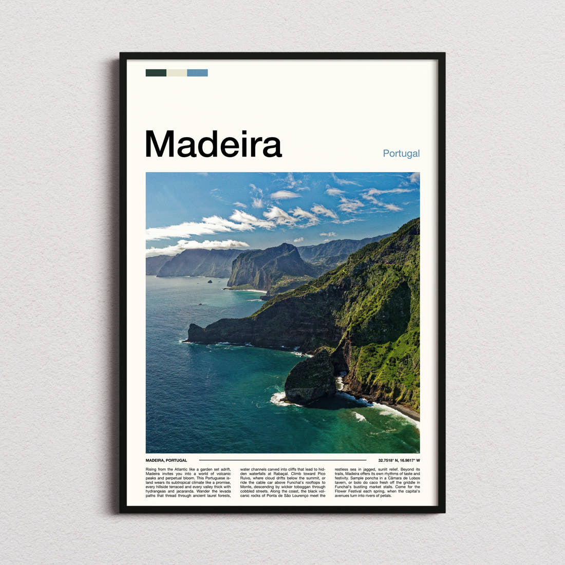 Madeira Volcanic Coastal Cliffs Travel Print framed and photographed straight on