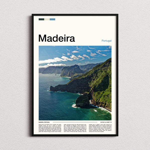 Madeira Volcanic Coastal Cliffs Travel Print framed and photographed straight on