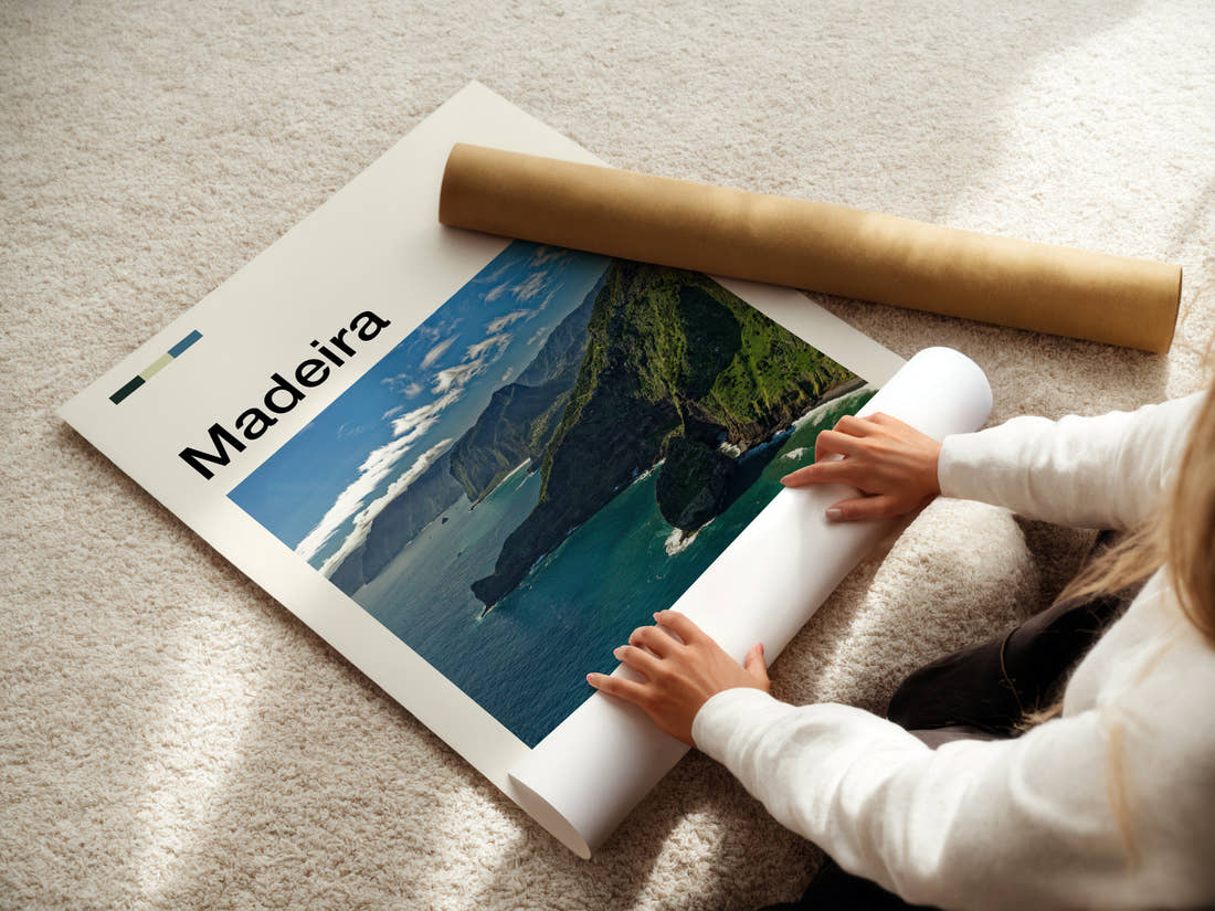 Madeira Volcanic Coastal Cliffs Travel Print being unrolled from its postal tube