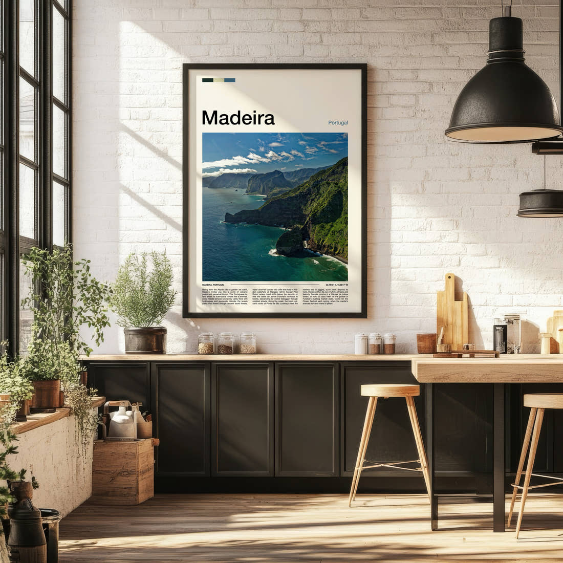 Madeira Volcanic Coastal Cliffs Travel Print framed on the wall of a bright kitchen and dining space