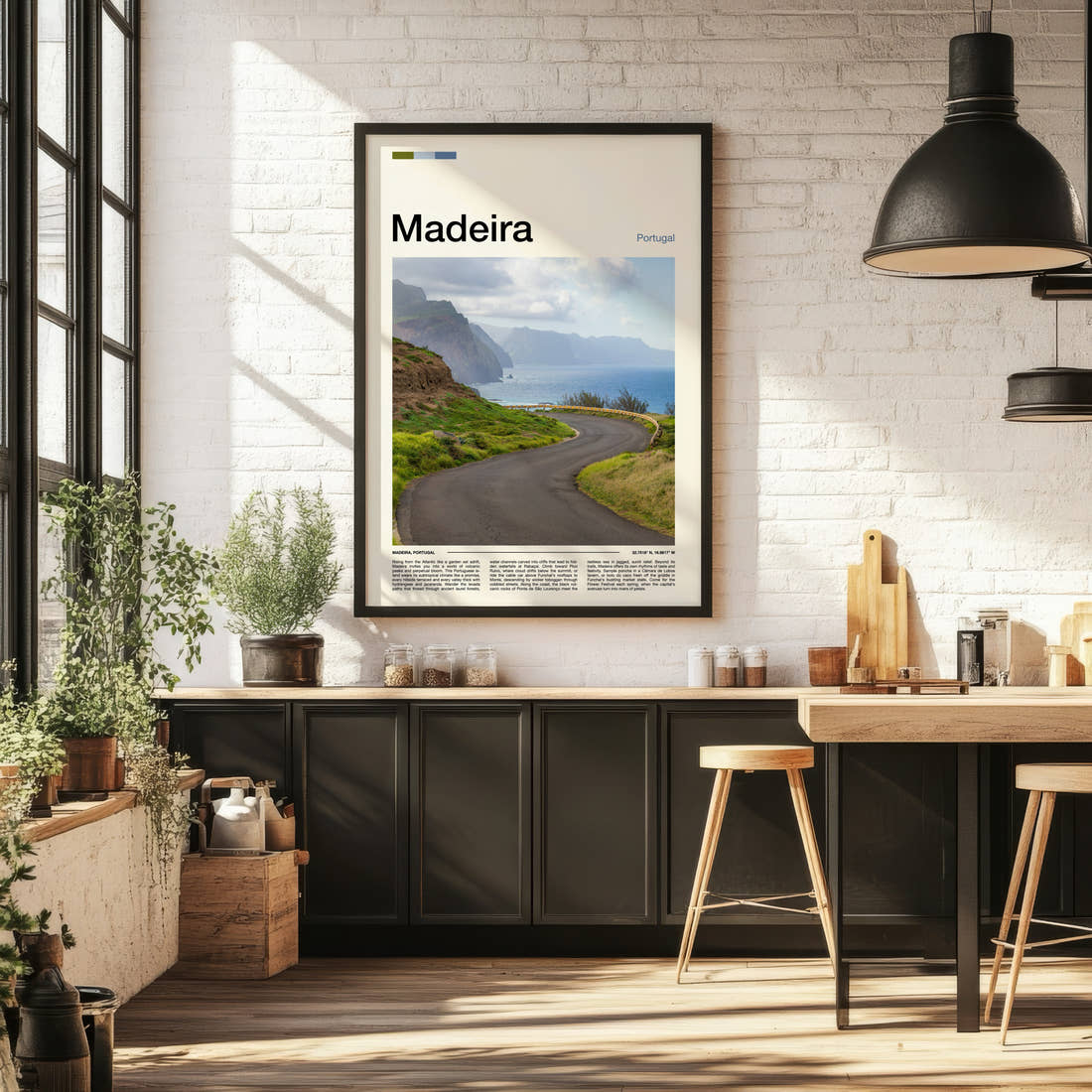 Madeira Winding Coastal Road Travel Print framed on the wall of a bright kitchen and dining space