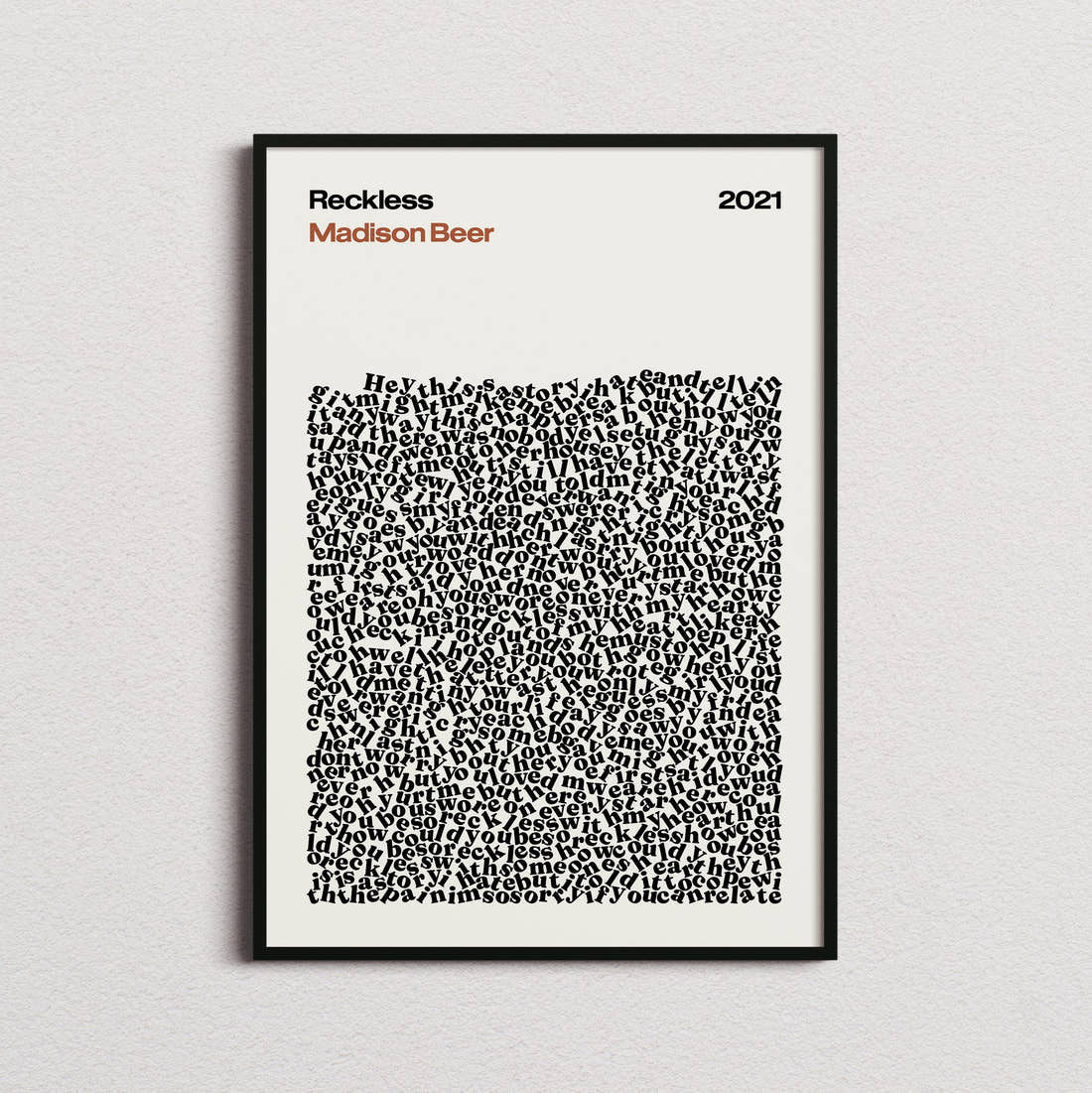 Madison Beer Reckless Lyric Print in the cream colourway, framed