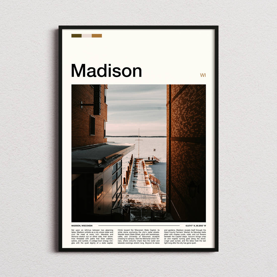 Madison Snowy Lakeside Pier Travel Print framed and photographed straight on
