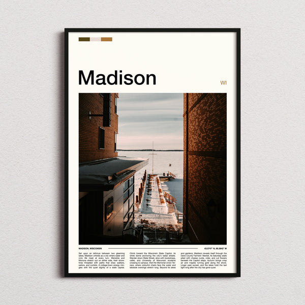Madison Snowy Lakeside Pier Travel Print framed and photographed straight on