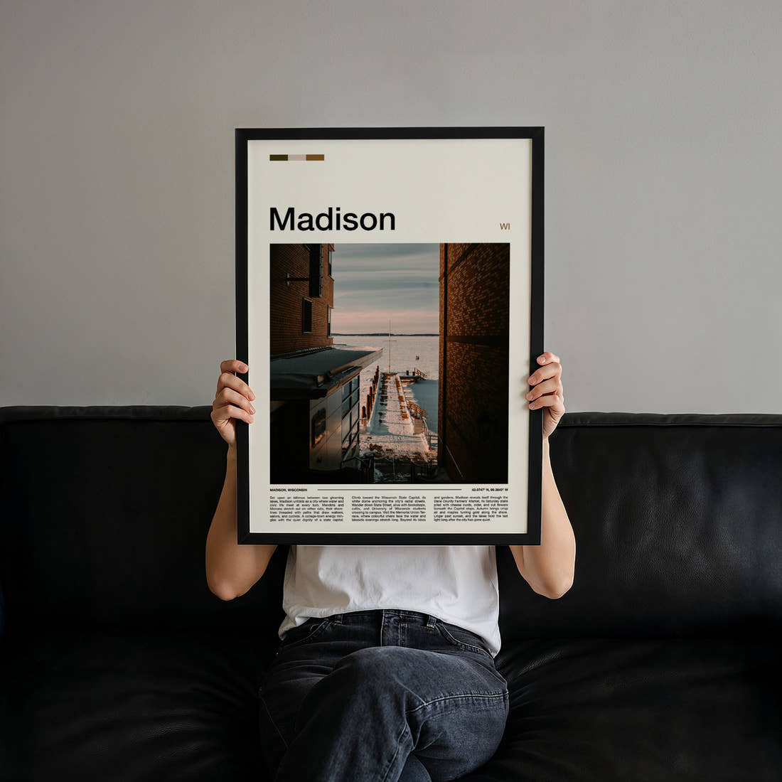 Madison Snowy Lakeside Pier Travel Print held up by hand to show the size of the print