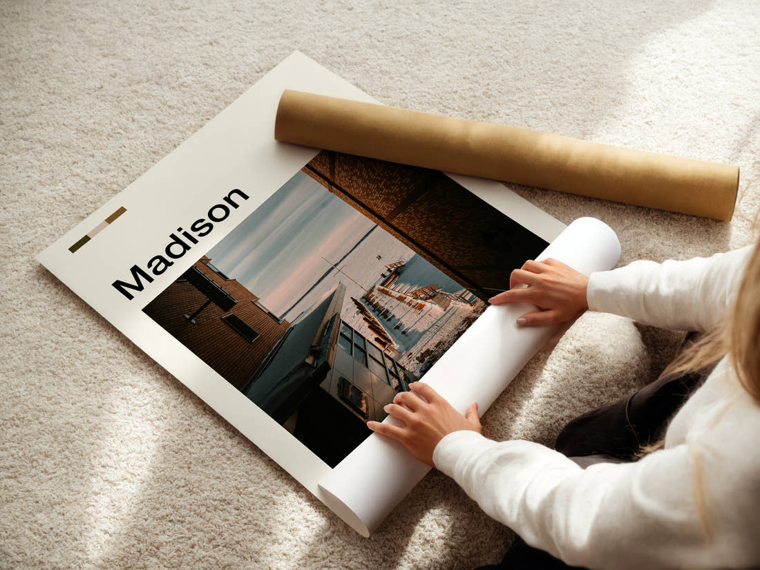 Madison Snowy Lakeside Pier Travel Print being unrolled from its postal tube
