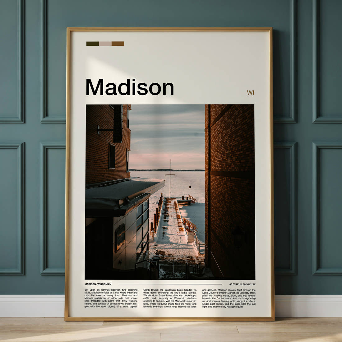 Madison Snowy Lakeside Pier Travel Print framed on the wall of a calm, neutral bedroom