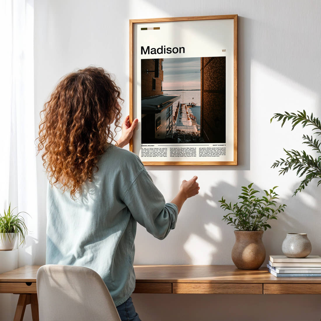Madison Snowy Lakeside Pier Travel Print framed on a pale wall beside houseplants