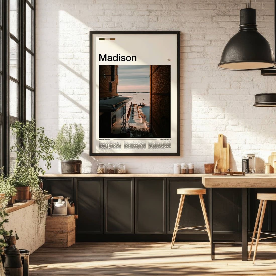 Madison Snowy Lakeside Pier Travel Print framed on the wall of a bright kitchen and dining space