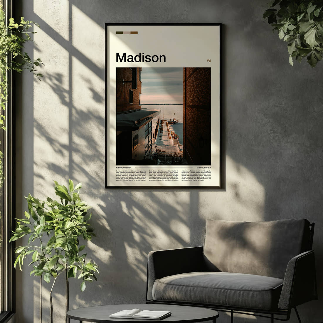 Madison Snowy Lakeside Pier Travel Print framed on the wall of a relaxed living room