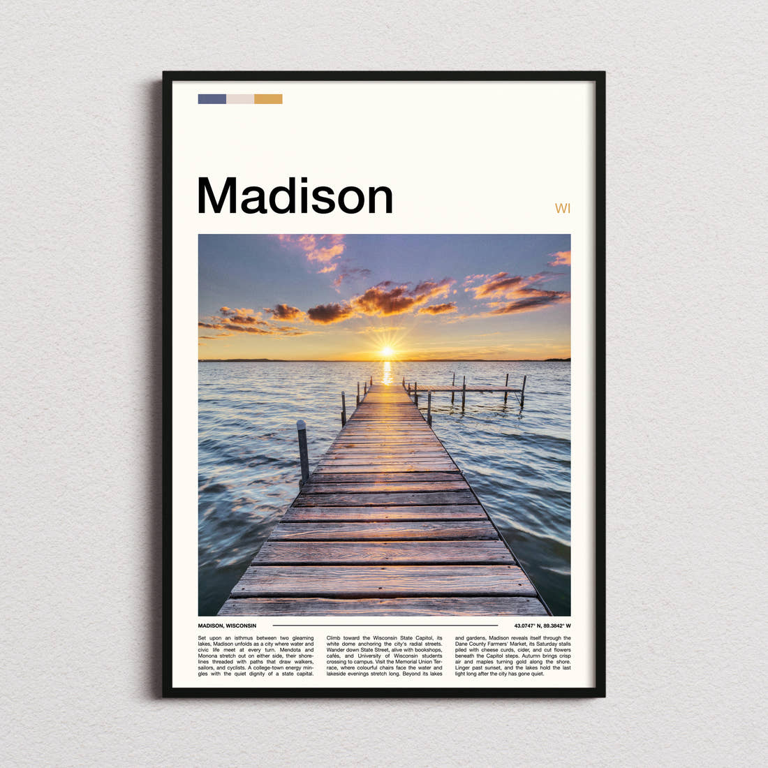 Madison Wooden Lake Pier Travel Print framed and photographed straight on