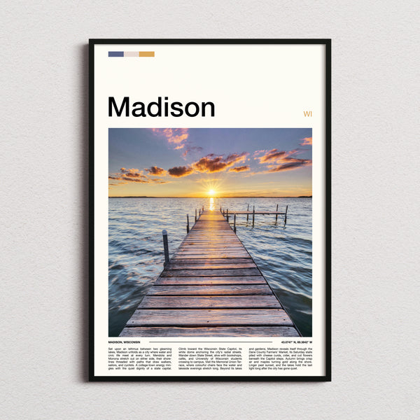 Madison Wooden Lake Pier Travel Print framed and photographed straight on