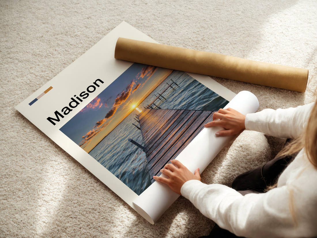 Madison Wooden Lake Pier Travel Print being unrolled from its postal tube