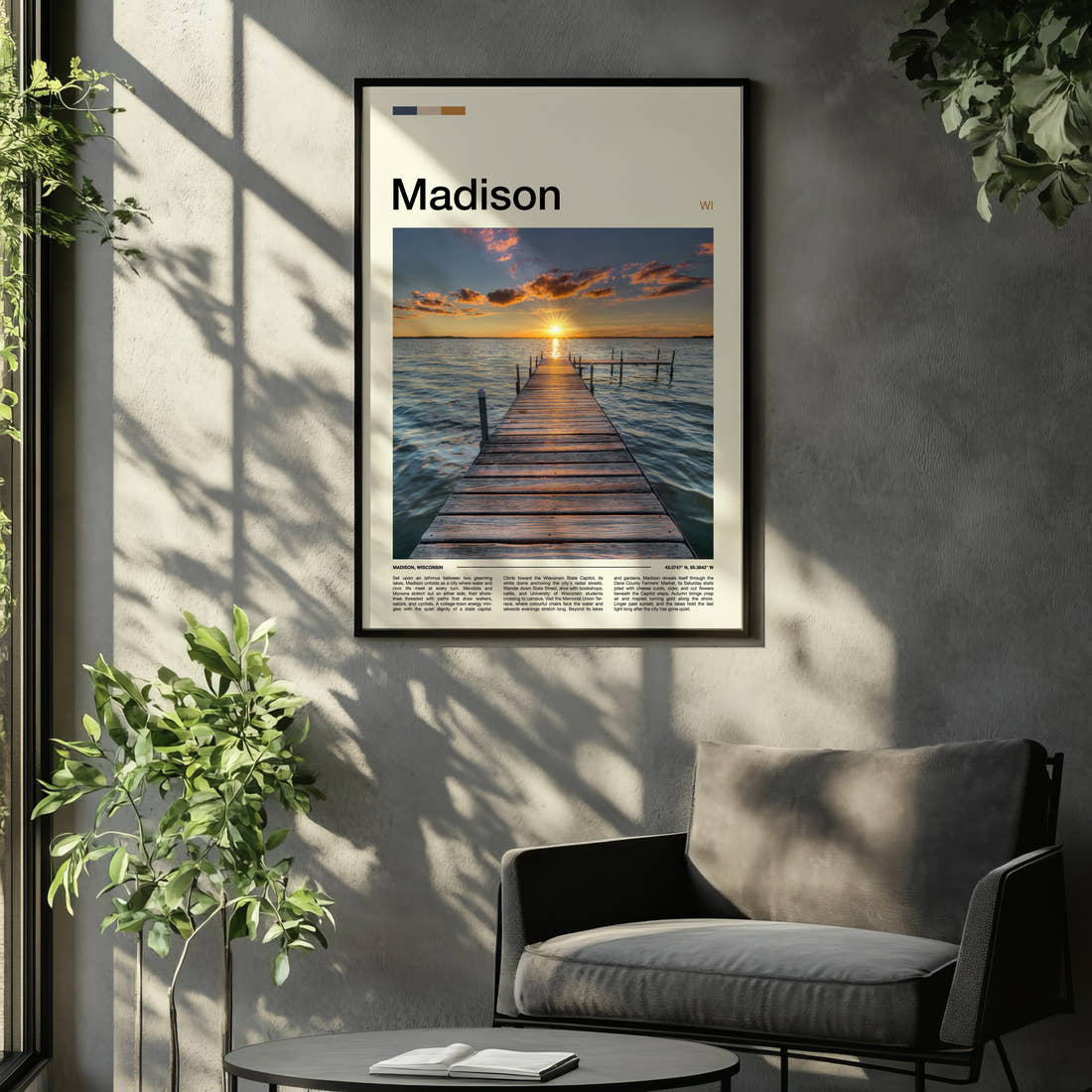 Madison Wooden Lake Pier Travel Print framed on the wall of a relaxed living room