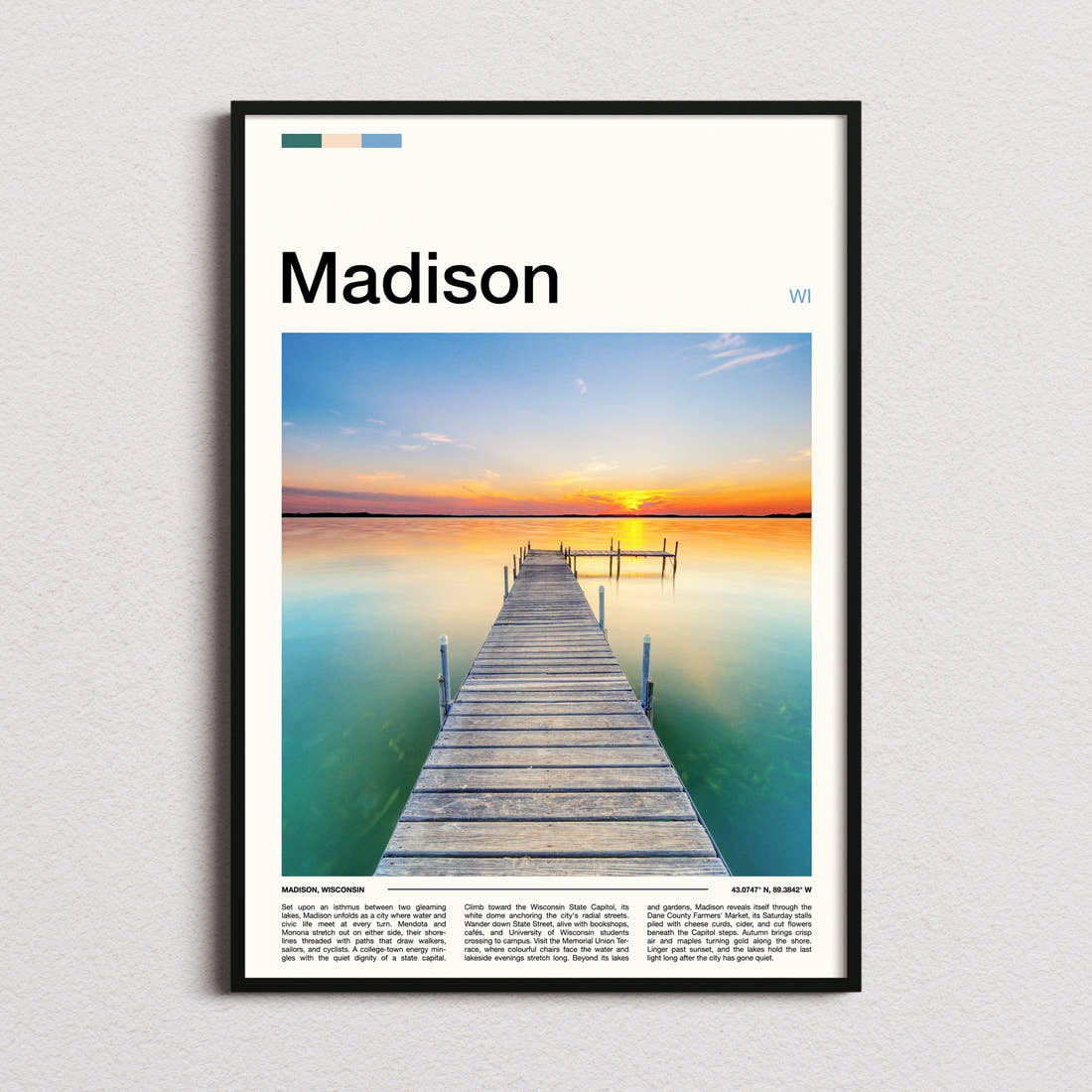 Madison Sunset Lake Pier Travel Print framed and photographed straight on