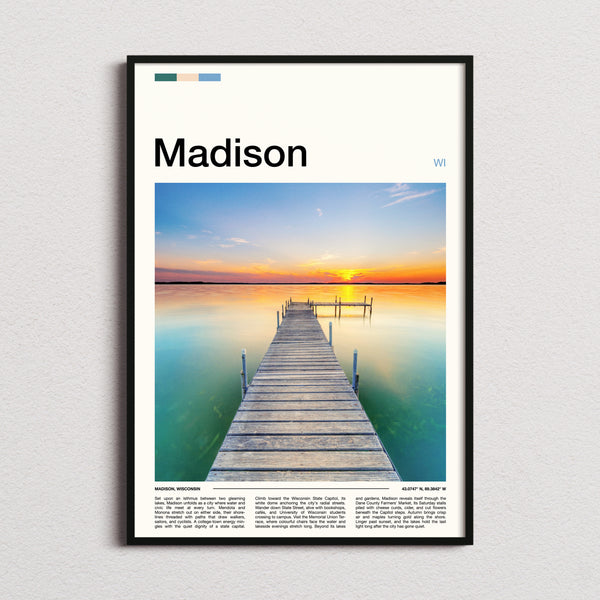 Madison Sunset Lake Pier Travel Print framed and photographed straight on
