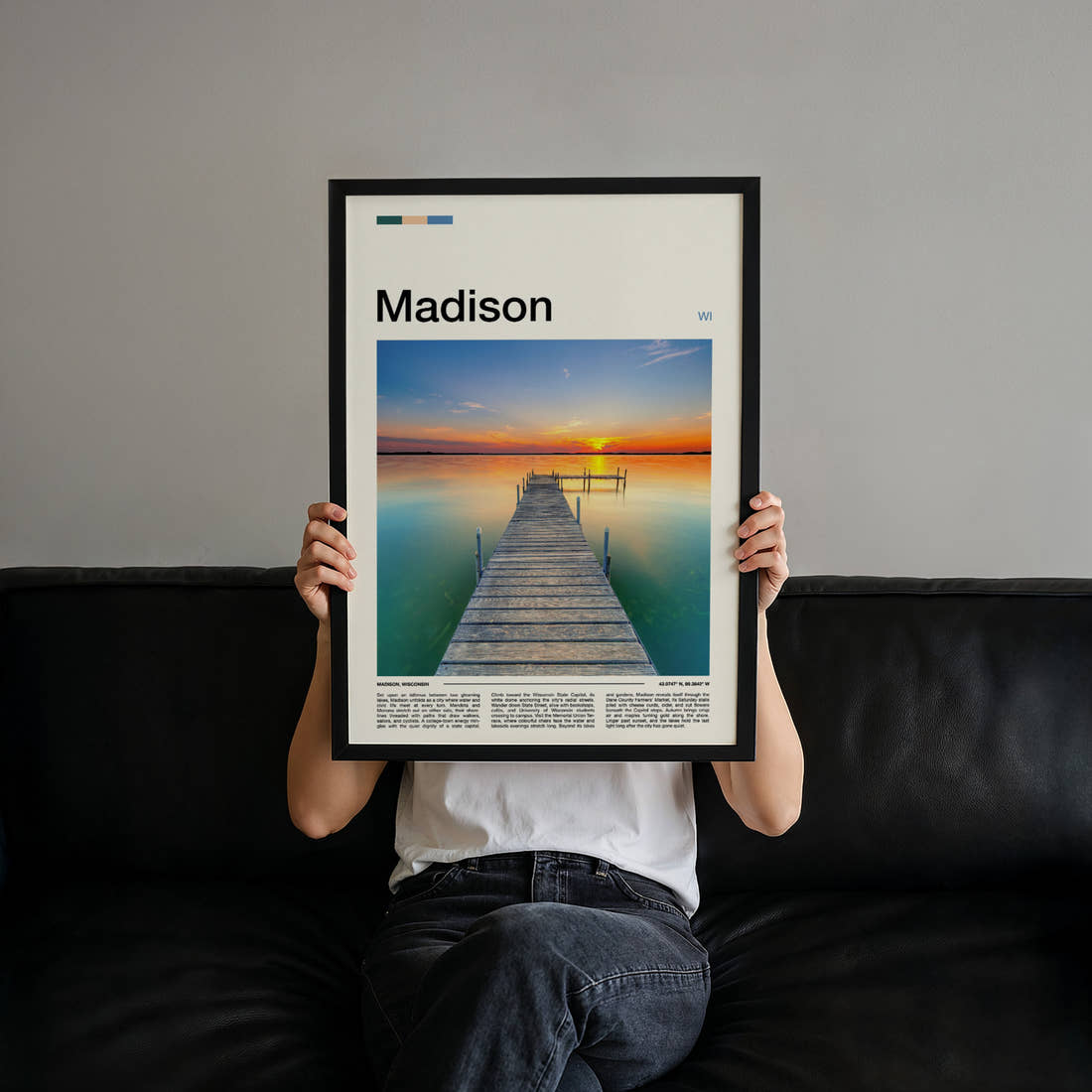 Madison Sunset Lake Pier Travel Print held up by hand to show the size of the print