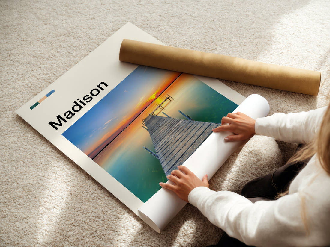 Madison Sunset Lake Pier Travel Print being unrolled from its postal tube