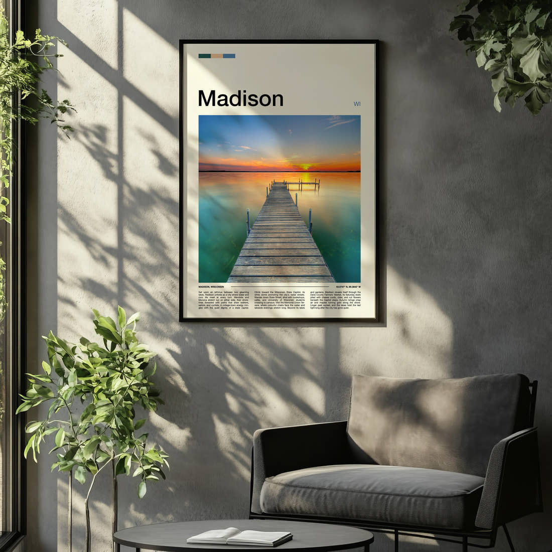 Madison Sunset Lake Pier Travel Print framed on the wall of a relaxed living room