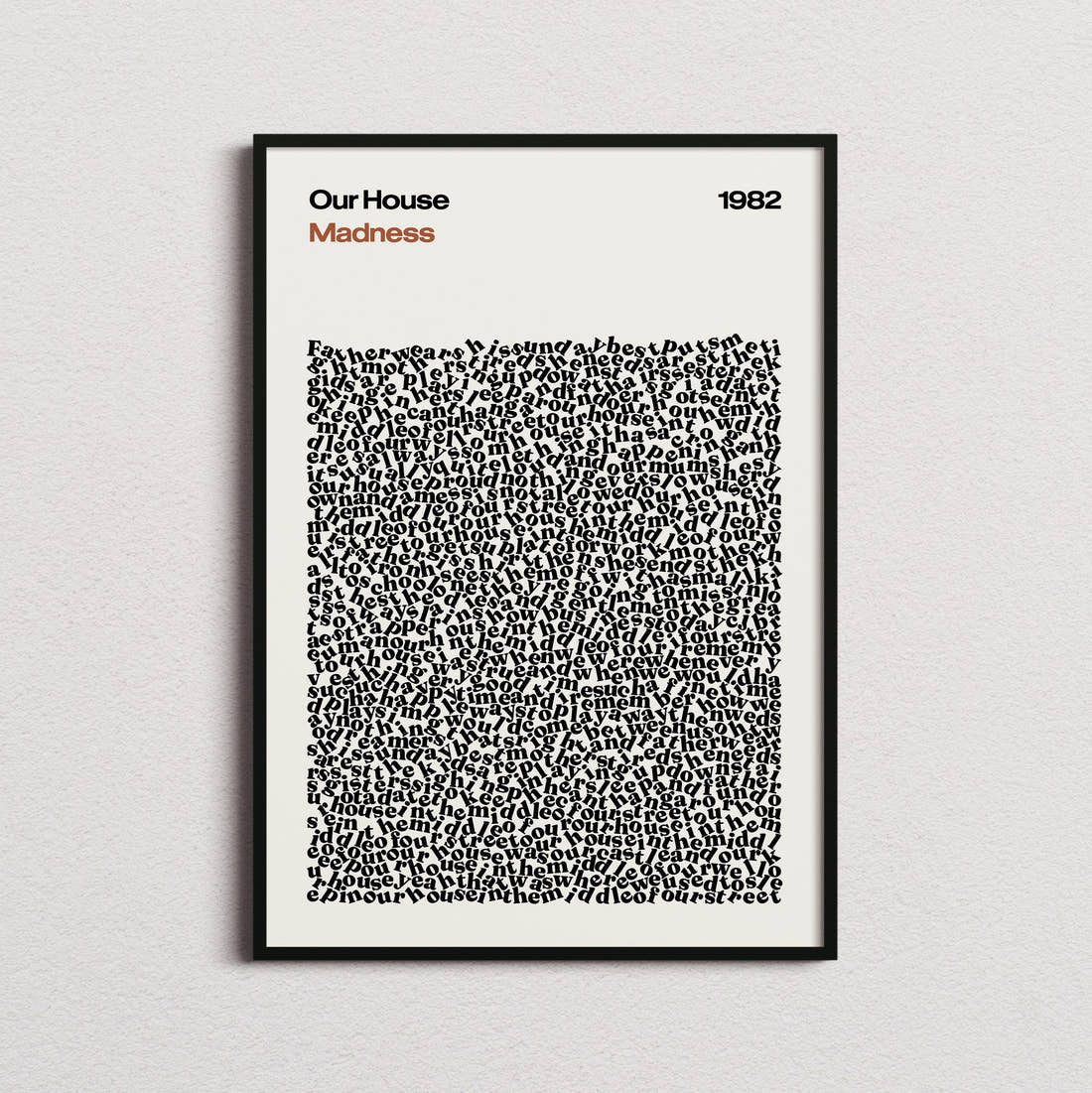 Madness Our House Lyric Print in the cream colourway, framed