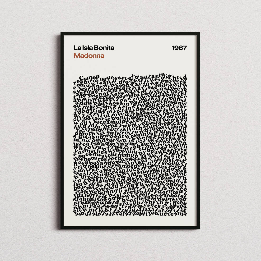 Madonna La Isla Bonita Lyric Print in the cream colourway, framed