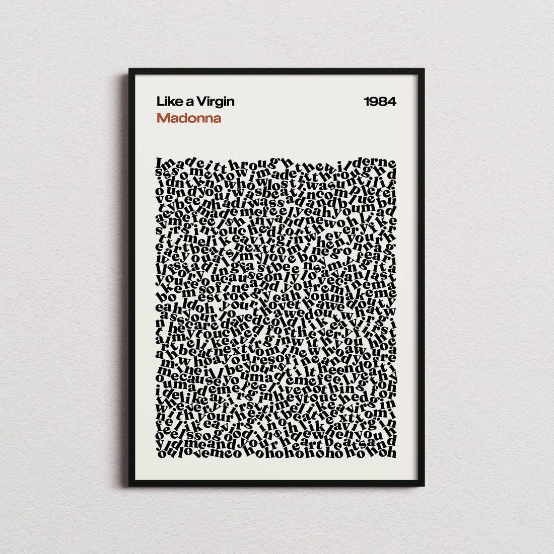 Madonna Like a Virgin Lyric Print in the cream colourway, framed