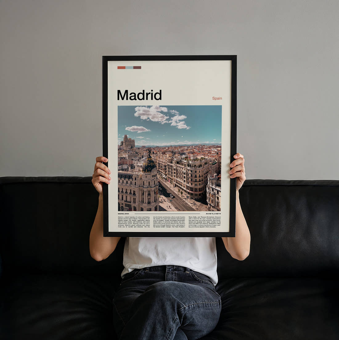 Madrid Gran Via Rooftops Travel Print held up by hand to show the size of the print